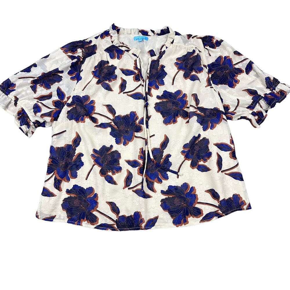 Draper James White Floral Tie-Neck Blouse with Blue & Brown Accents